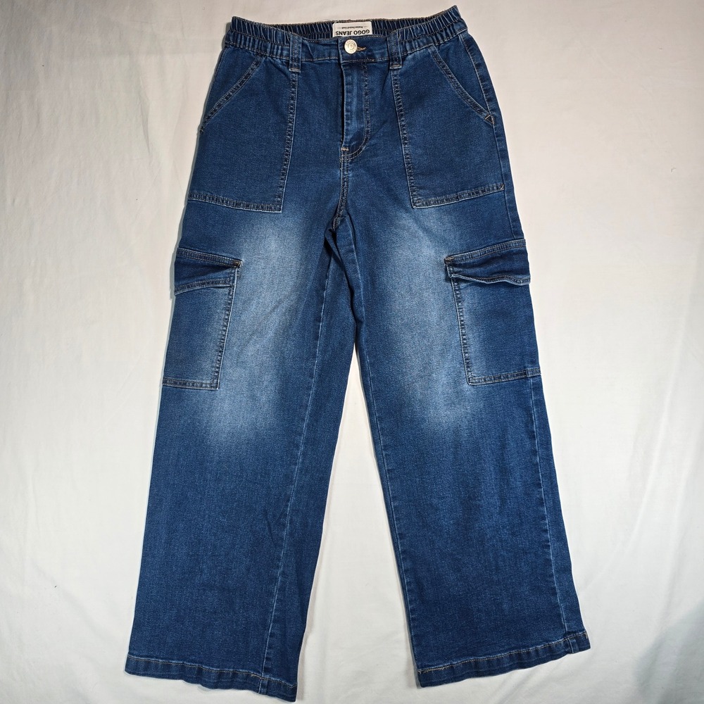 Gogo Jeans Womens Cargo Pants Medium Wash Wide Leg Elastic Waist Denim 11/30